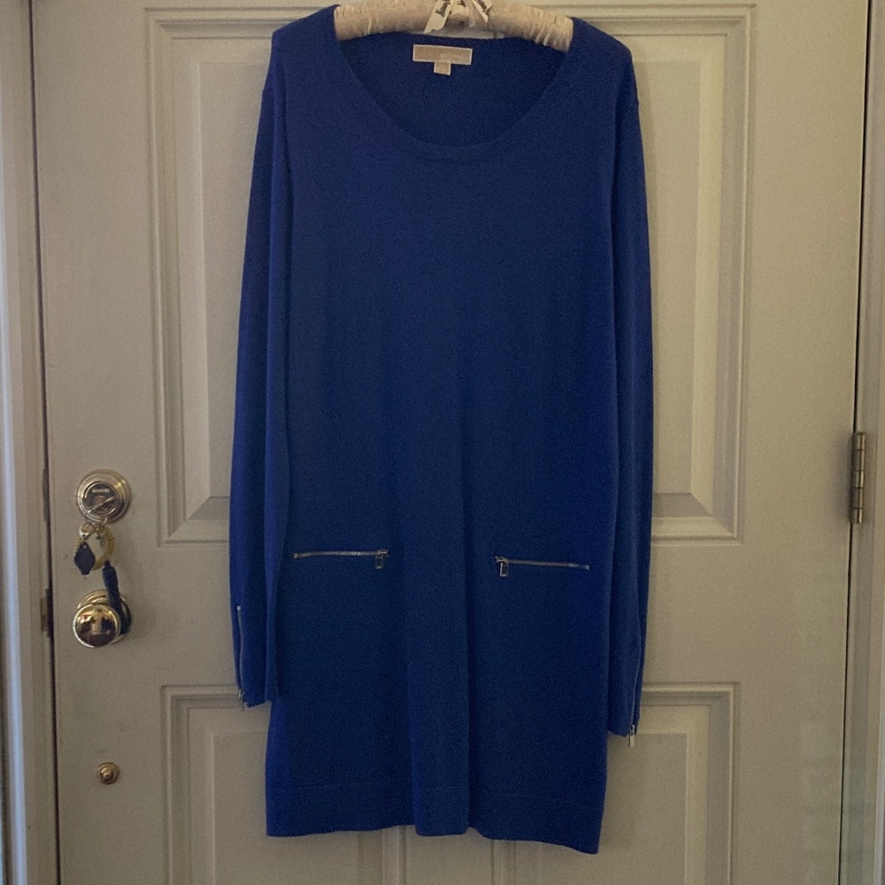 Michael Kors Blue Sweater Dress/Tunic/Zip Accents on Ling Sleeves & Pockets/XL